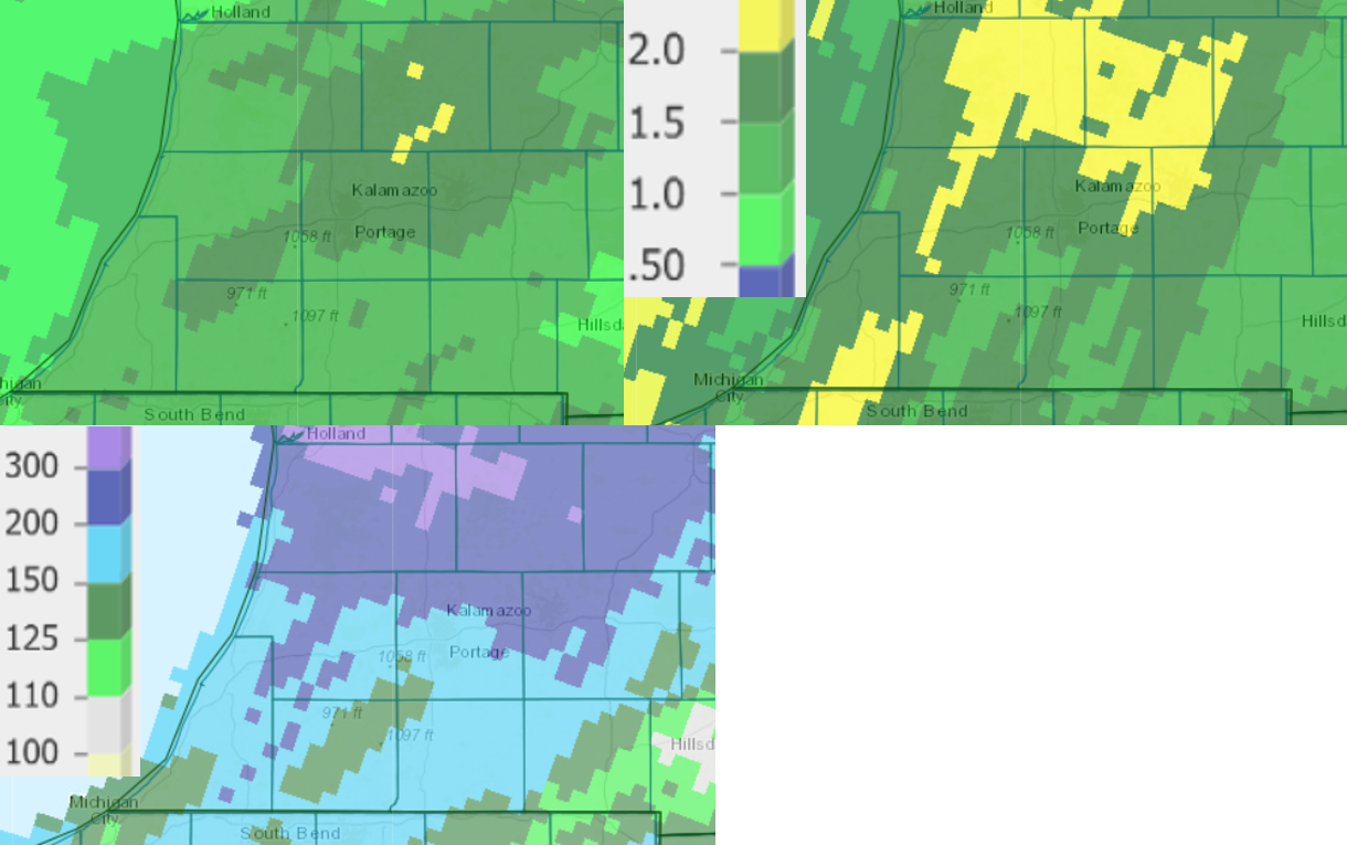 Precipitation totals from May 3 (top left) and the past seven days (top right) and percent of normal for the past 14 days (bottom) as of May 4.